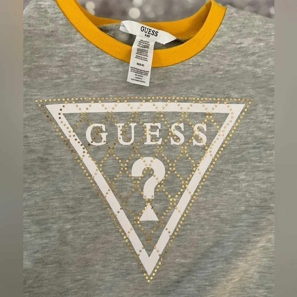 Guess Toddler Girl 2-Piece Grey &Yellow Drawstring Sweatshirt & Bike Shorts Set